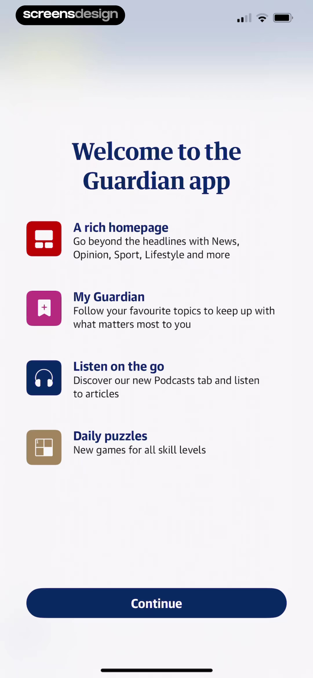 The Guardian welcome screen with a large heading, four color-coded feature rows, explanatory copy, and a Continue button