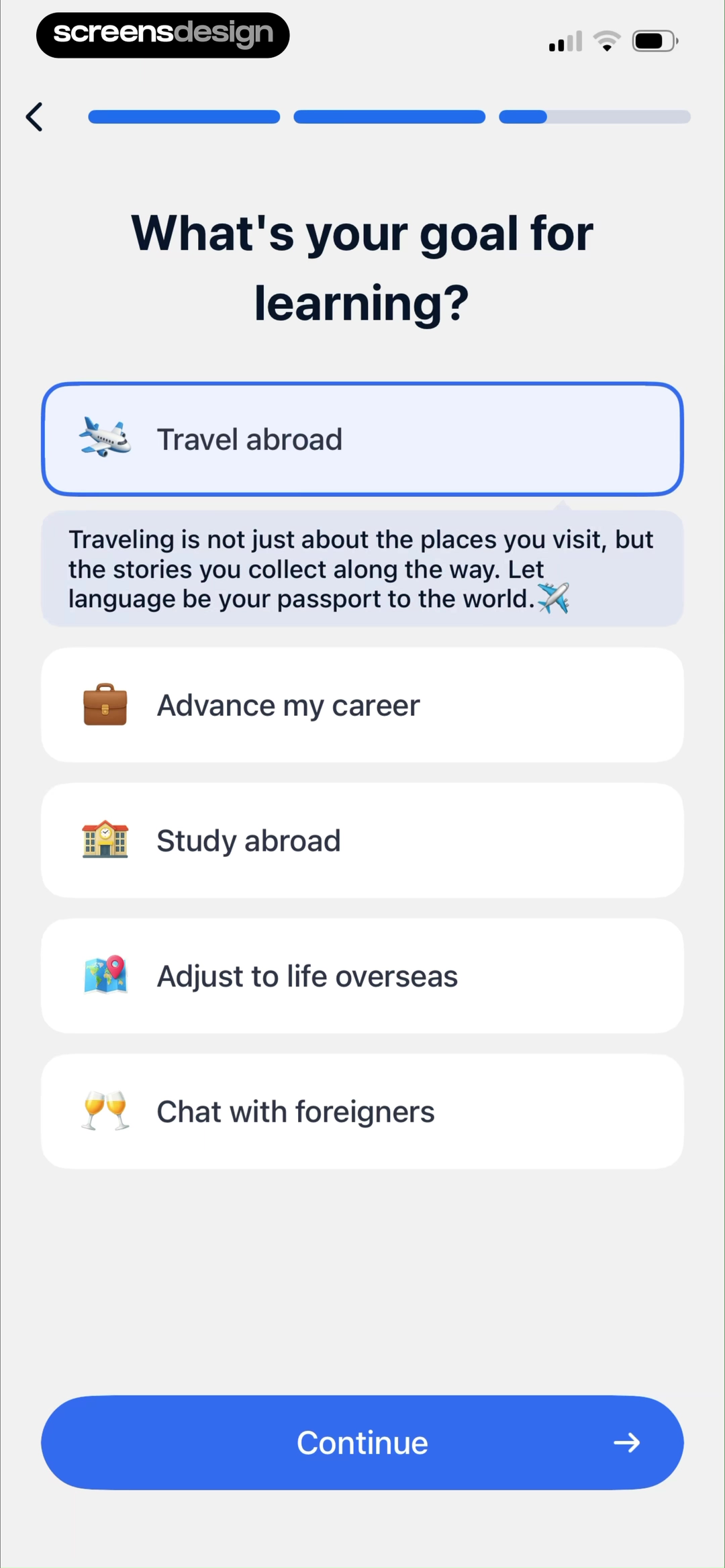 TalkMe onboarding question with Travel abroad selected as the language learning goal
