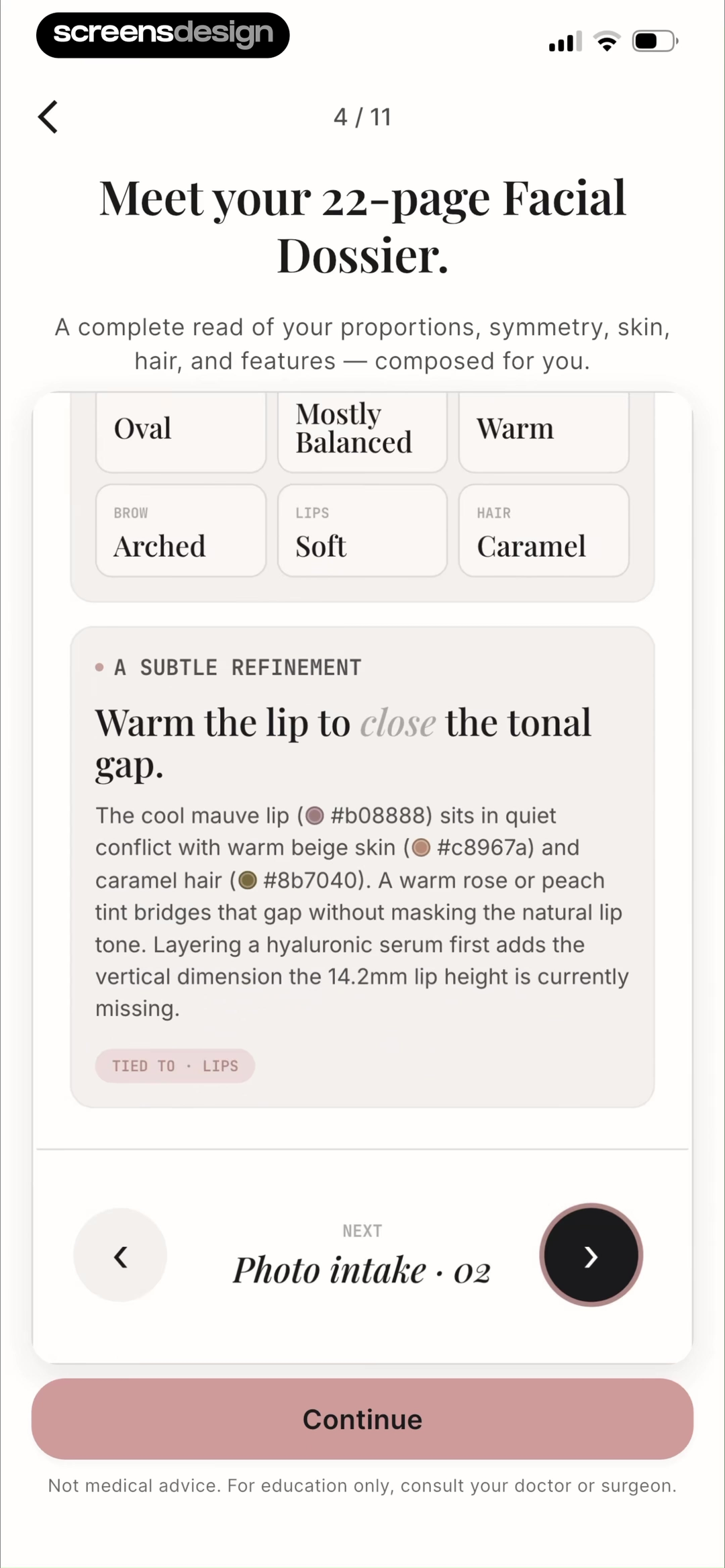Refina facial dossier screen with a serif report heading, labeled attributes, a detailed recommendation card, and a medical disclaimer