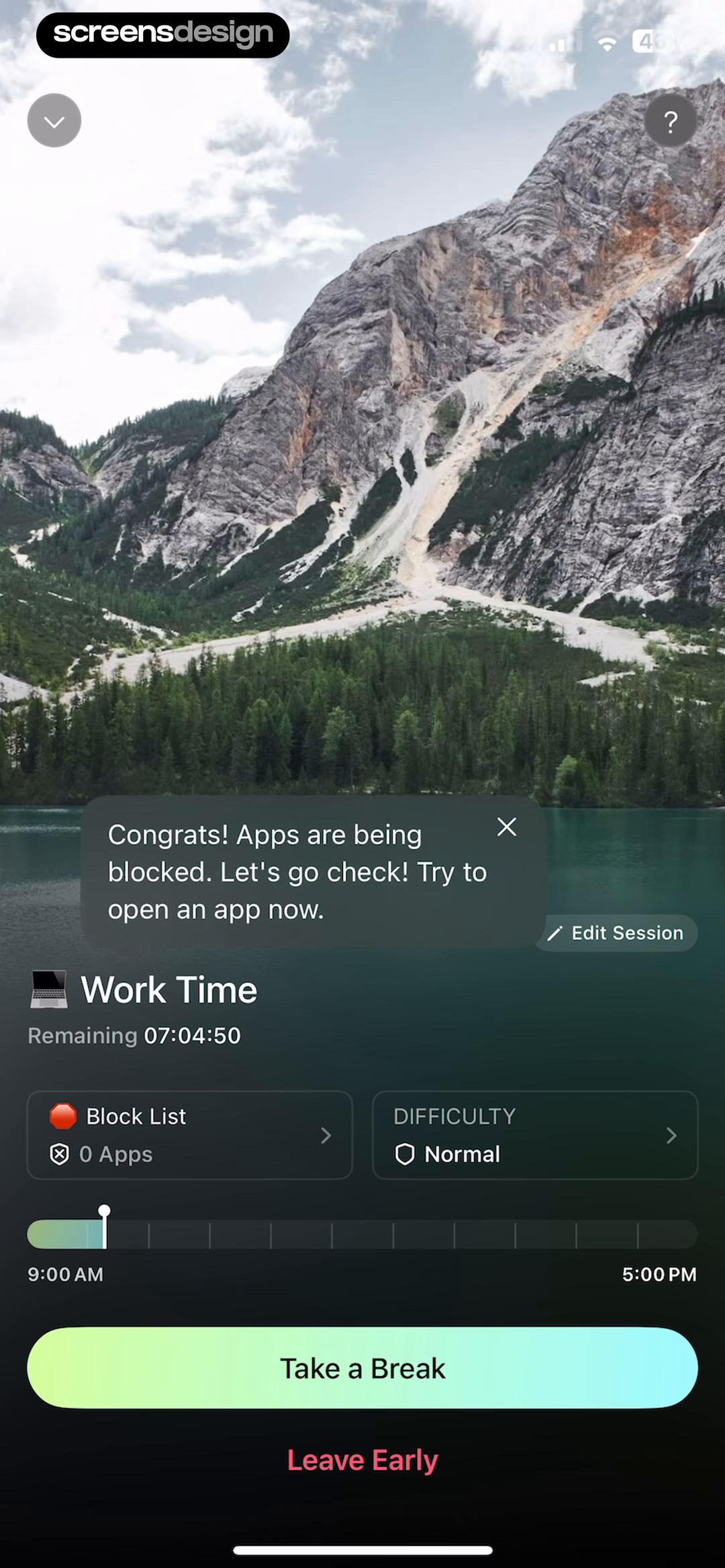 Opal active Work Time block session with remaining time break and leave early controls