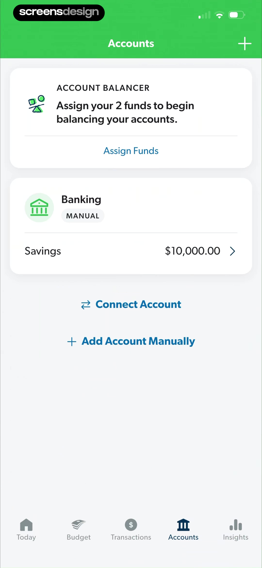 EveryDollar accounts screen with assign funds and connect account