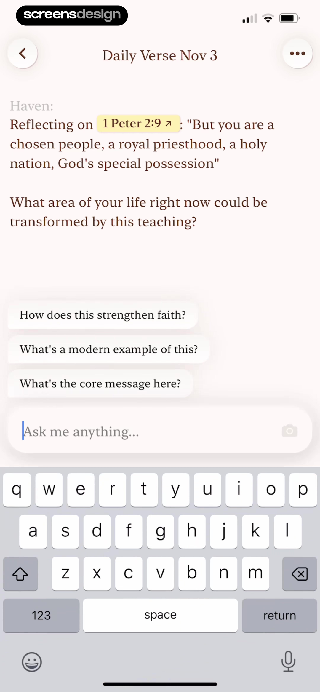 Haven Bible chat screen with a daily verse and guided reflection prompts
