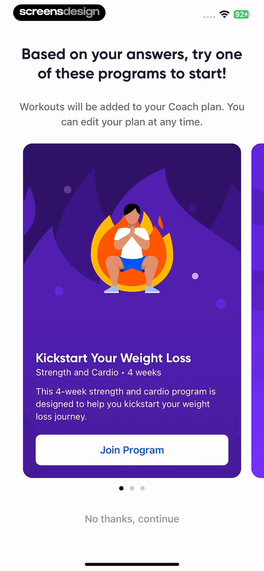 Aaptiv recommended workout program with Join Program and No thanks continue actions