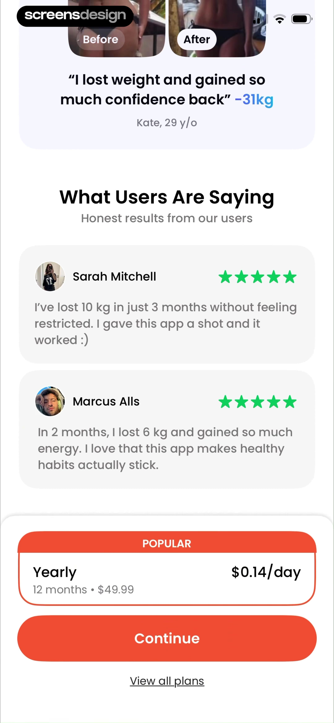 Fasting App paywall with before and after story, user reviews, yearly subscription price, and view all plans link