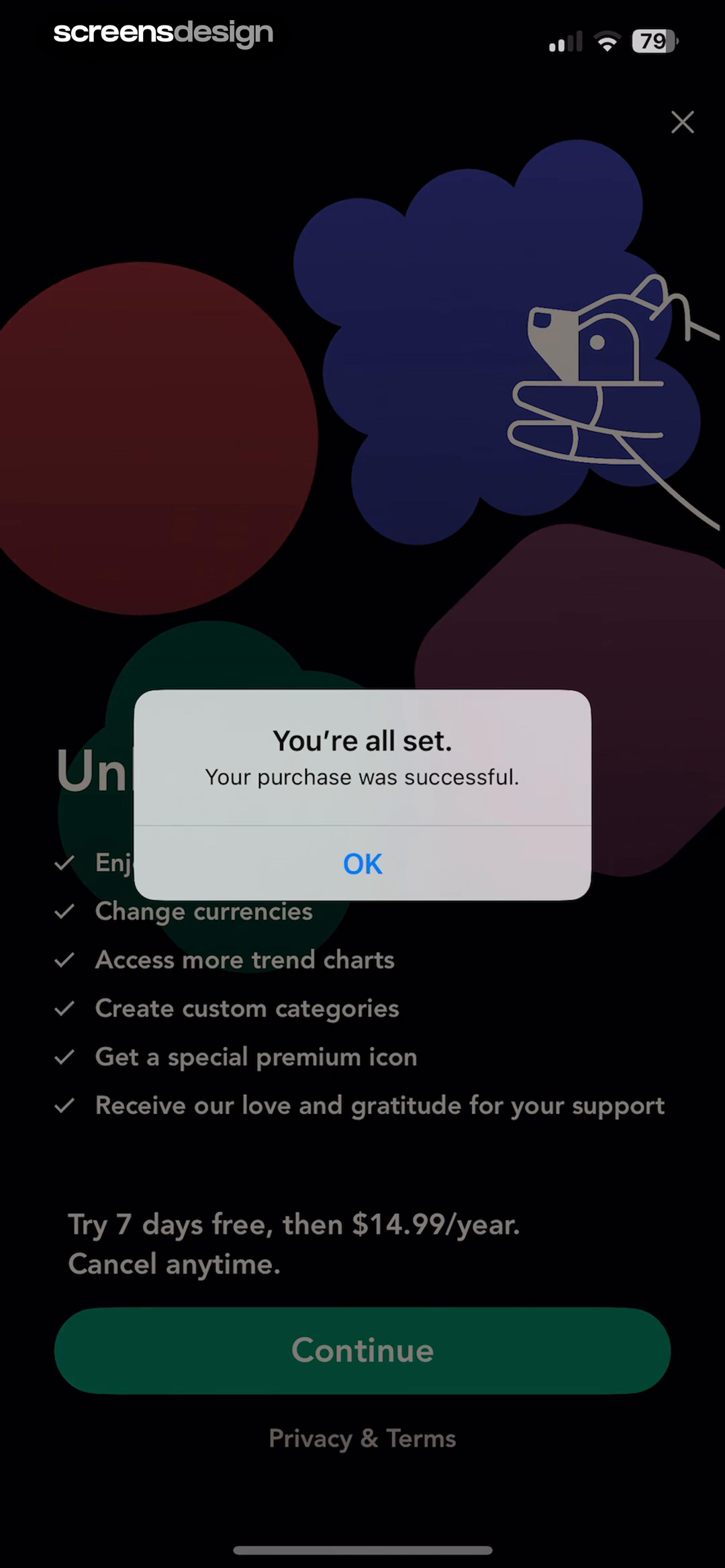 bless. minimal shopping habits mobile app screen showing You're all set and Your purchase was successful