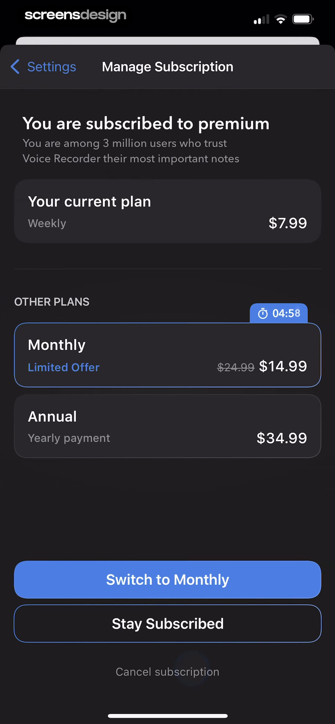 Voice Recorder manage subscription screen with current weekly plan