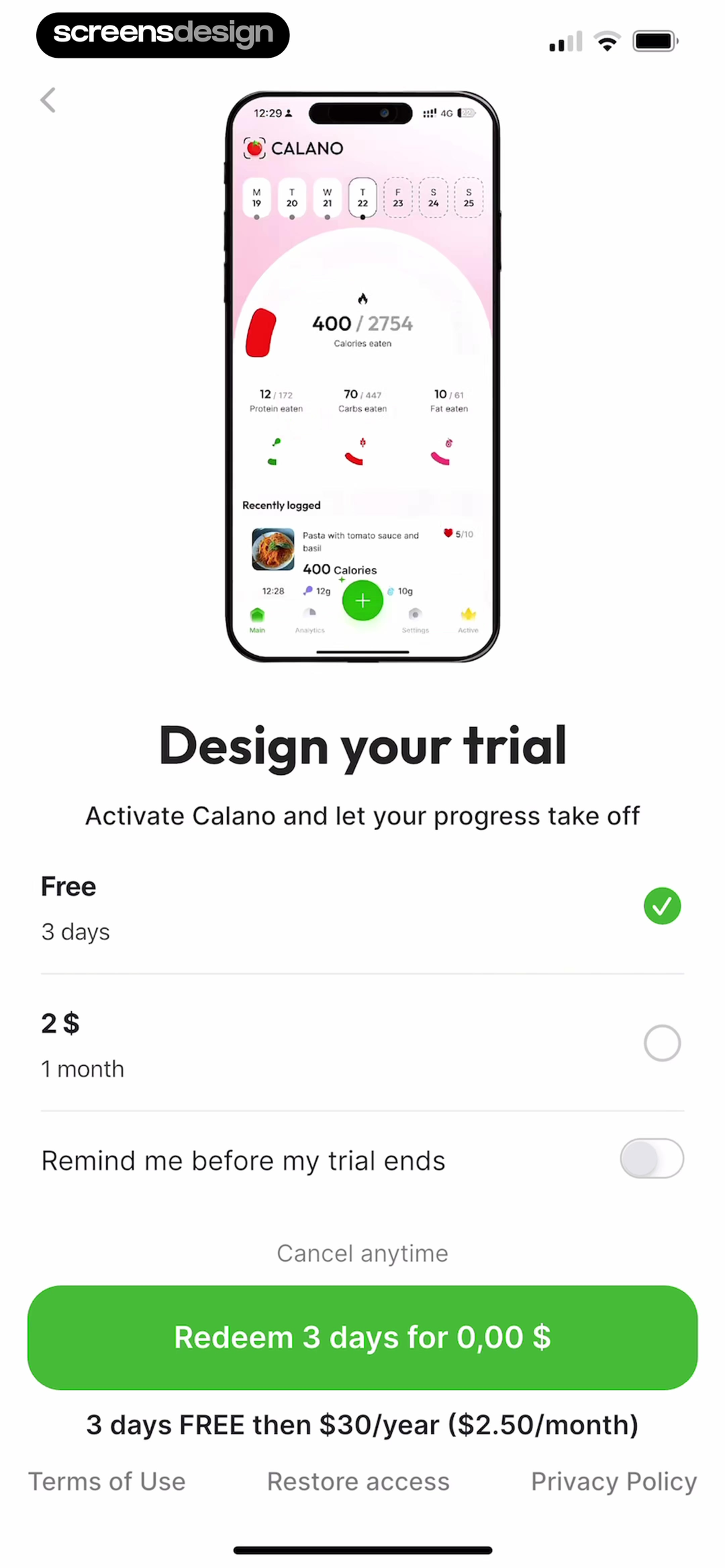 Calano subscription screen with three-day trial, monthly option, reminder toggle, and renewal terms