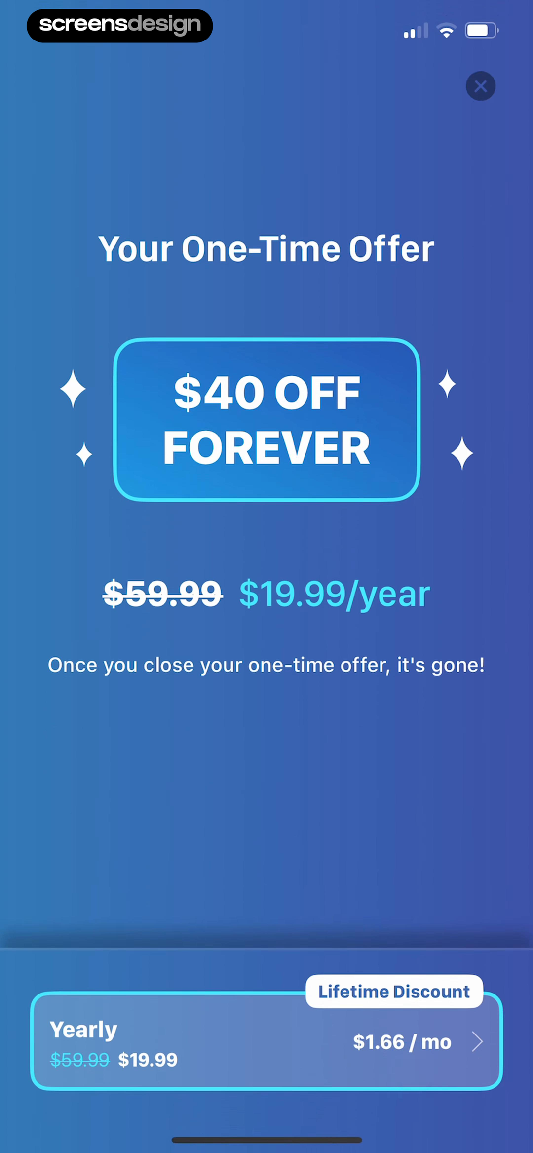 Bend one-time offer paywall with a permanent annual discount, original price, discounted price, and close button