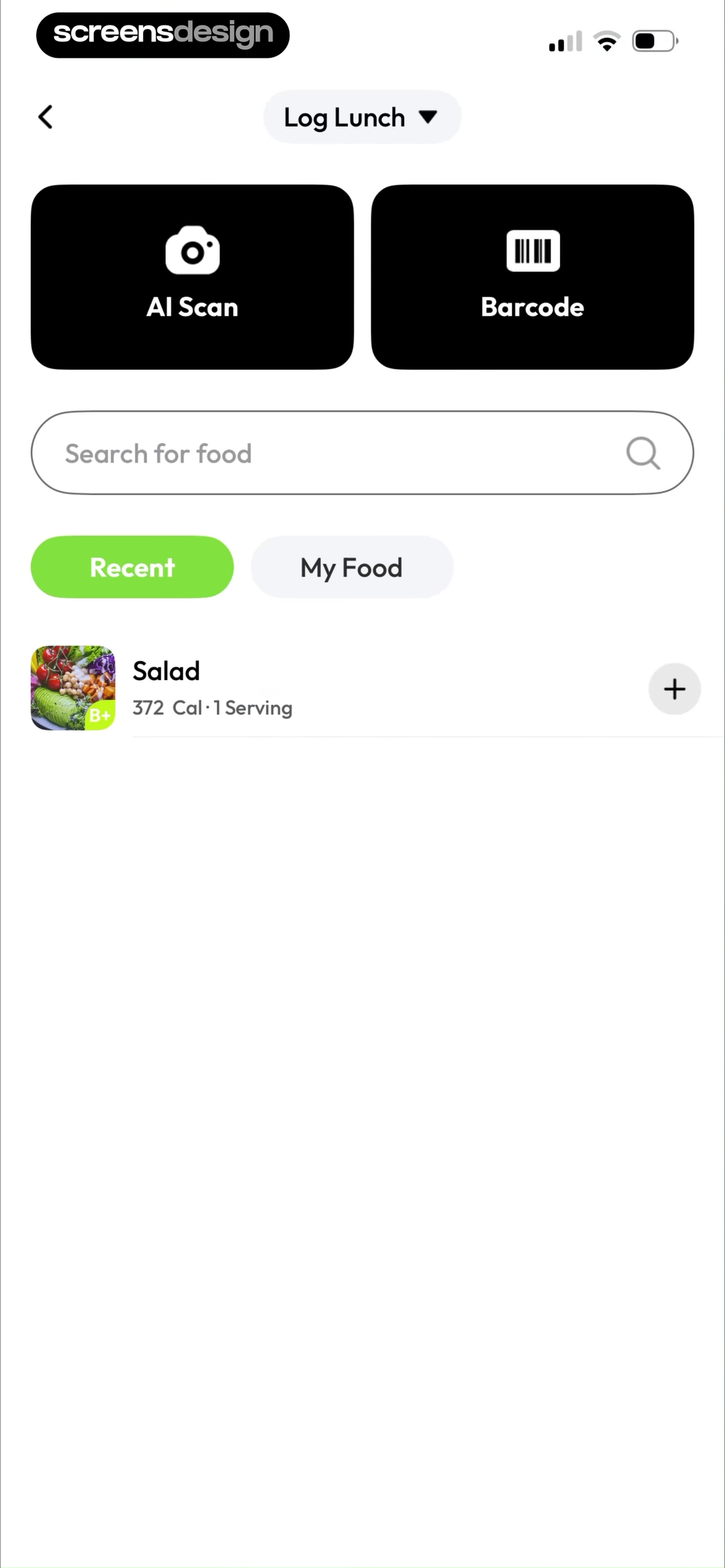 SnapCal Log Lunch screen with AI Scan, Barcode, food search, Recent, and My Food options