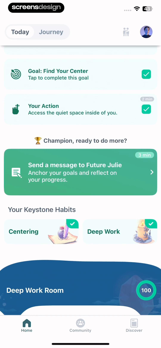 Clarify home screen separating a daily action, keystone habits, and a deep work room