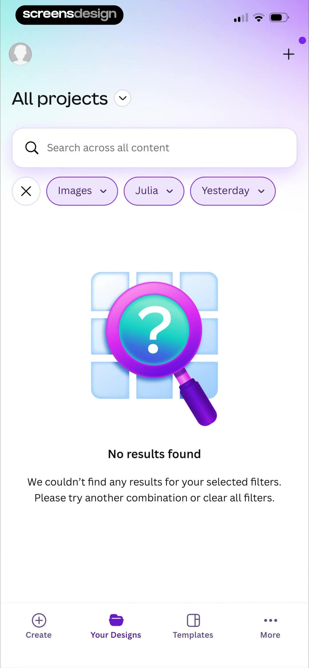 Canva All projects no-results screen with Images, person, and date filters visible