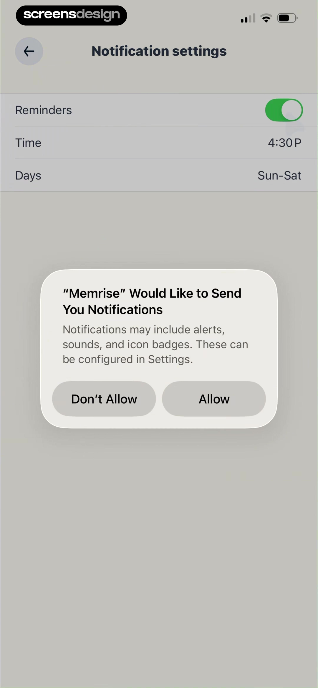 Memrise Easy Language Learning screen showing reminder time and selected days remain visible underneath the notification permission dialog