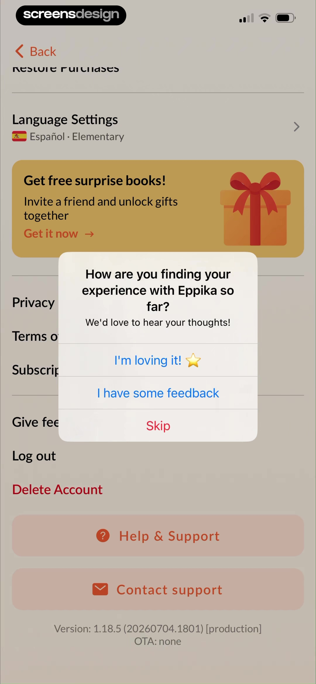 Eppika settings with restore purchases and language settings