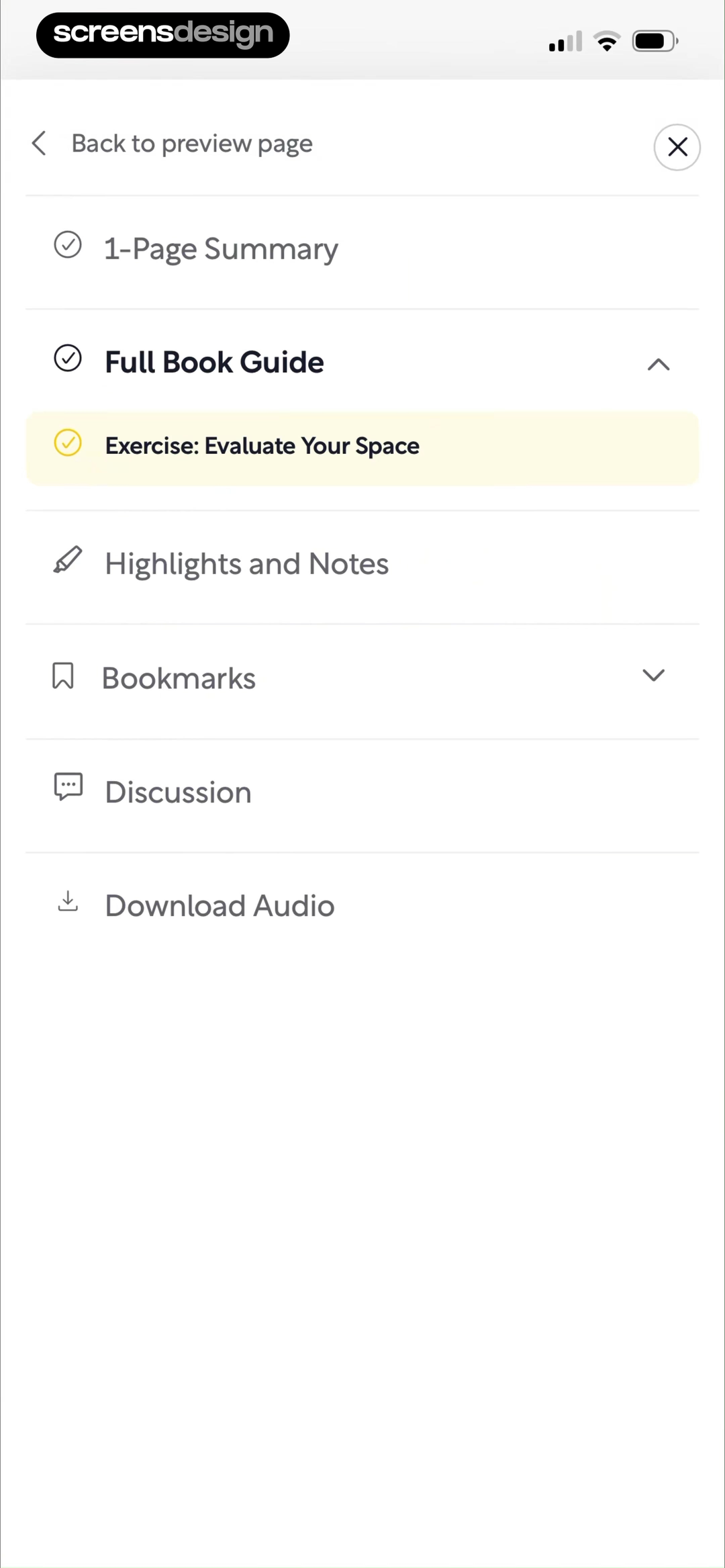 Shortform navigation sheet listing summary, guide, exercise, highlights, bookmarks, discussion, and audio destinations