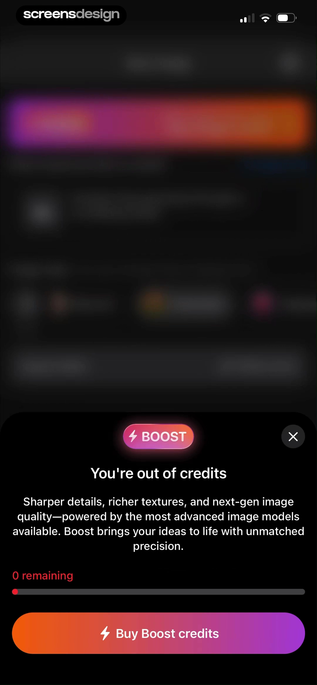 AI Chatbot: Pixi mobile app screen showing You're out of credits and 0 remaining