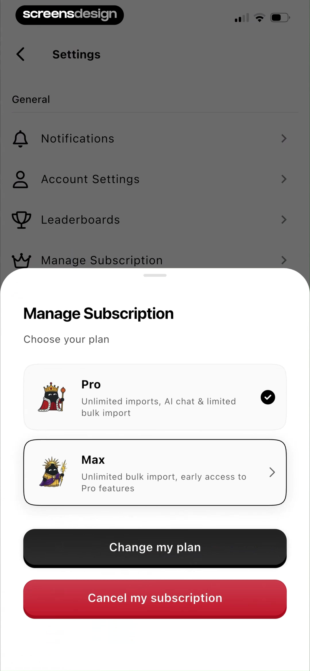 Albo: Save & Organize screen showing pro and Max use concrete import and AI limits so a change is about capacity rather than tier names alone.