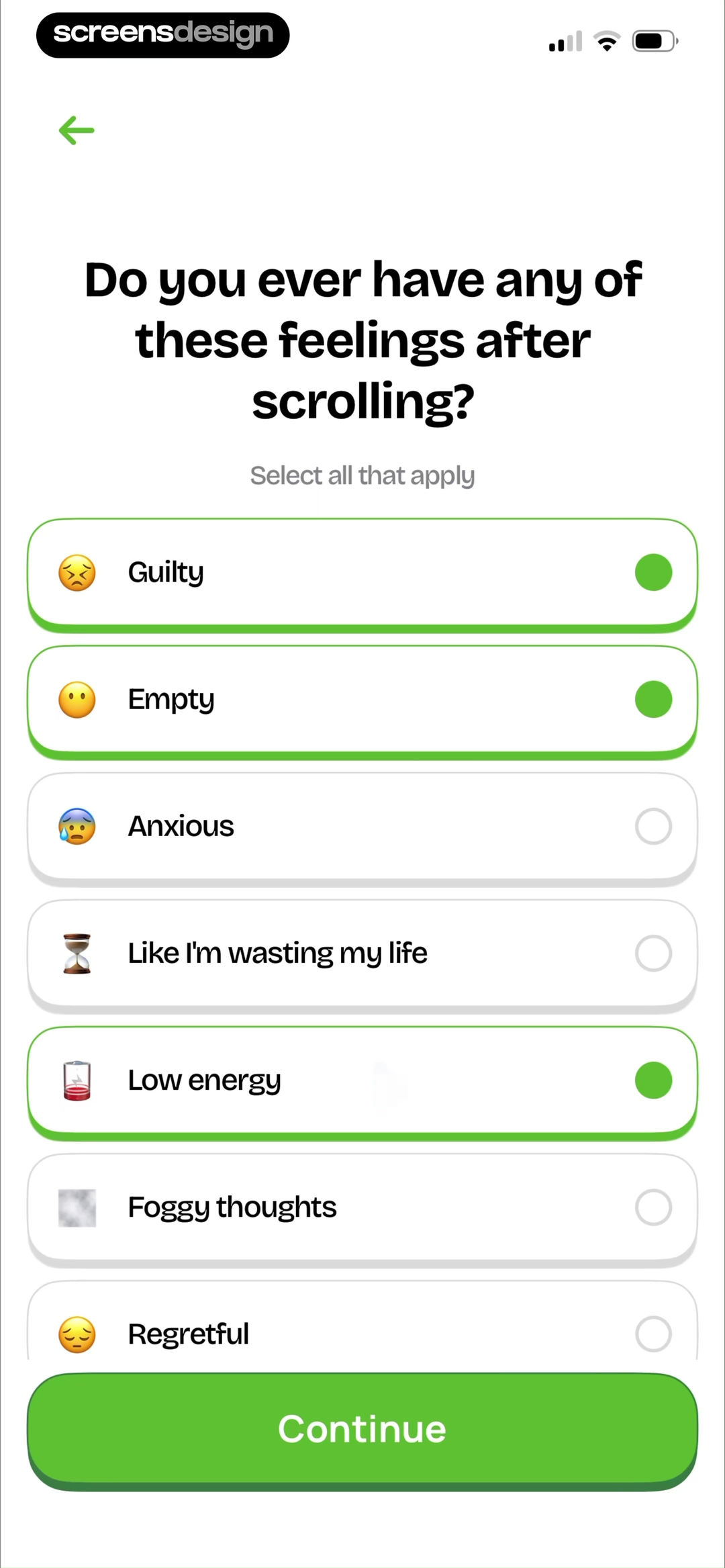 Unrot onboarding question showing selected and unselected answer cards with a green action
