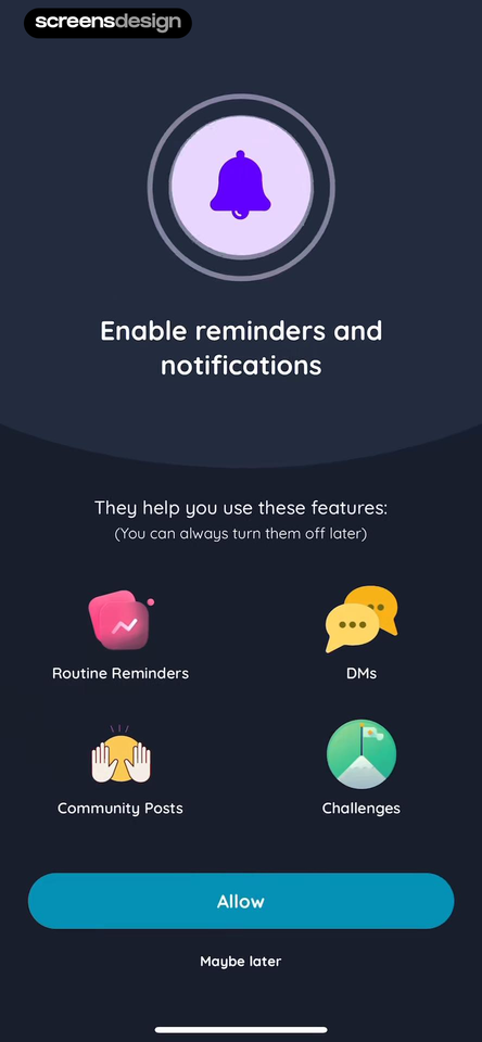 Shmoody screen showing routine reminders, messages, community posts, challenges, Allow, and Maybe later are listed