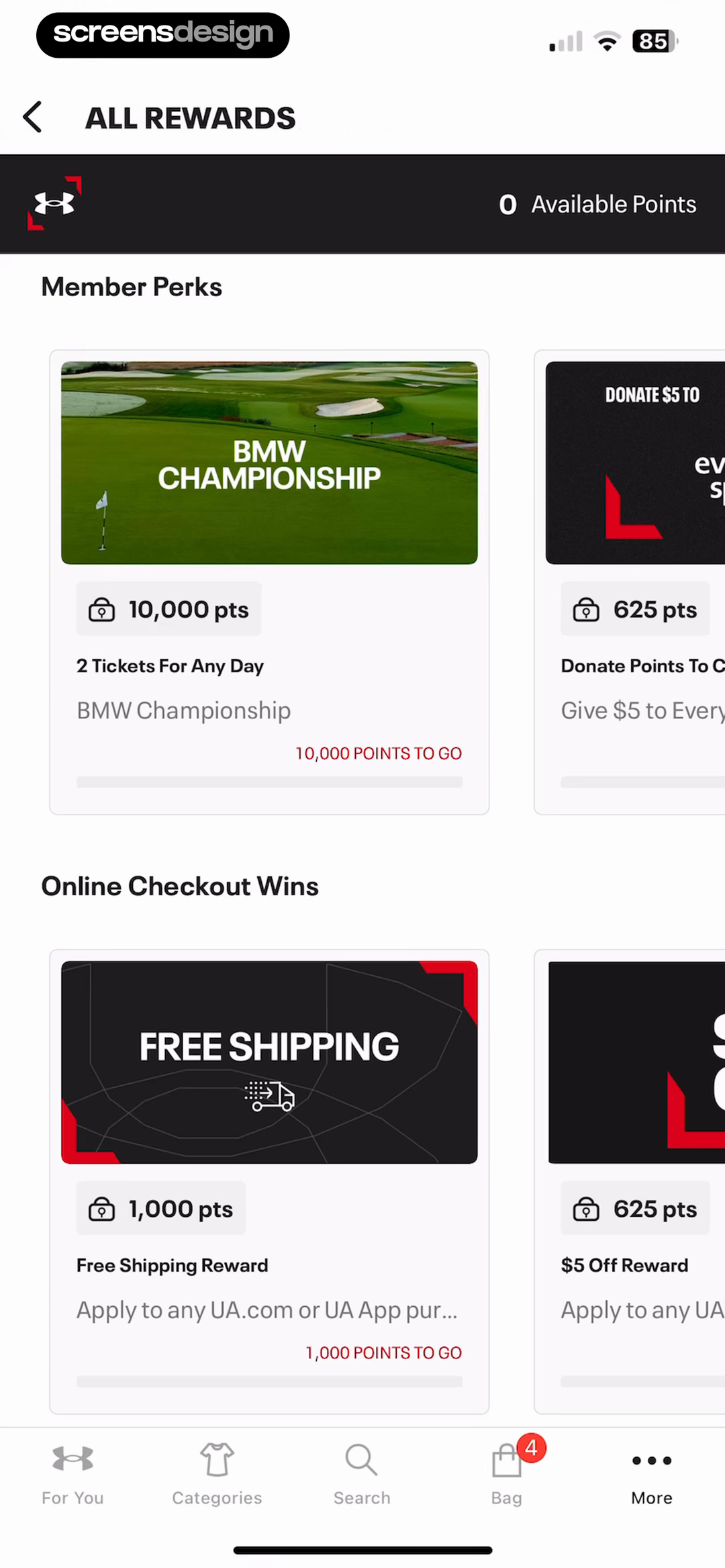 Under Armour screen showing the reward catalog combines experiences, donations, perks, point prices, and remaining-point messages.