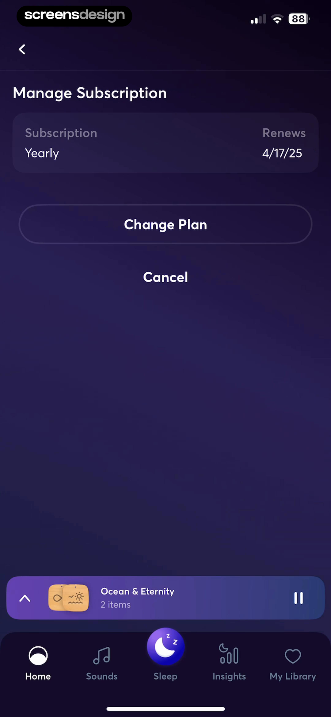 BetterSleep: Relax and Sleep mobile app screen showing Manage Subscription and Change Plan