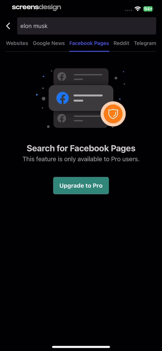 Inoreader screen showing the selected Facebook Page search names the paid restriction and offers an upgrade path