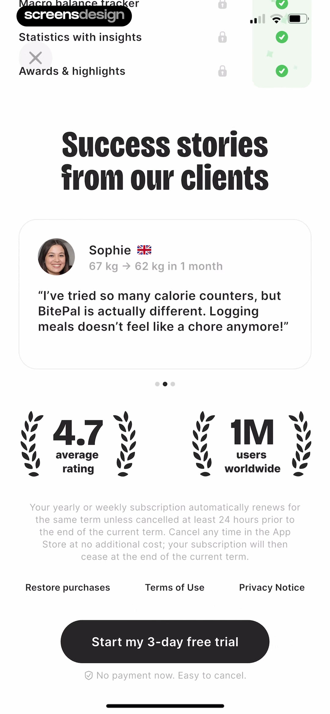 BitePal premium paywall with locked nutrition features, a customer story, rating, renewal terms, and free trial button