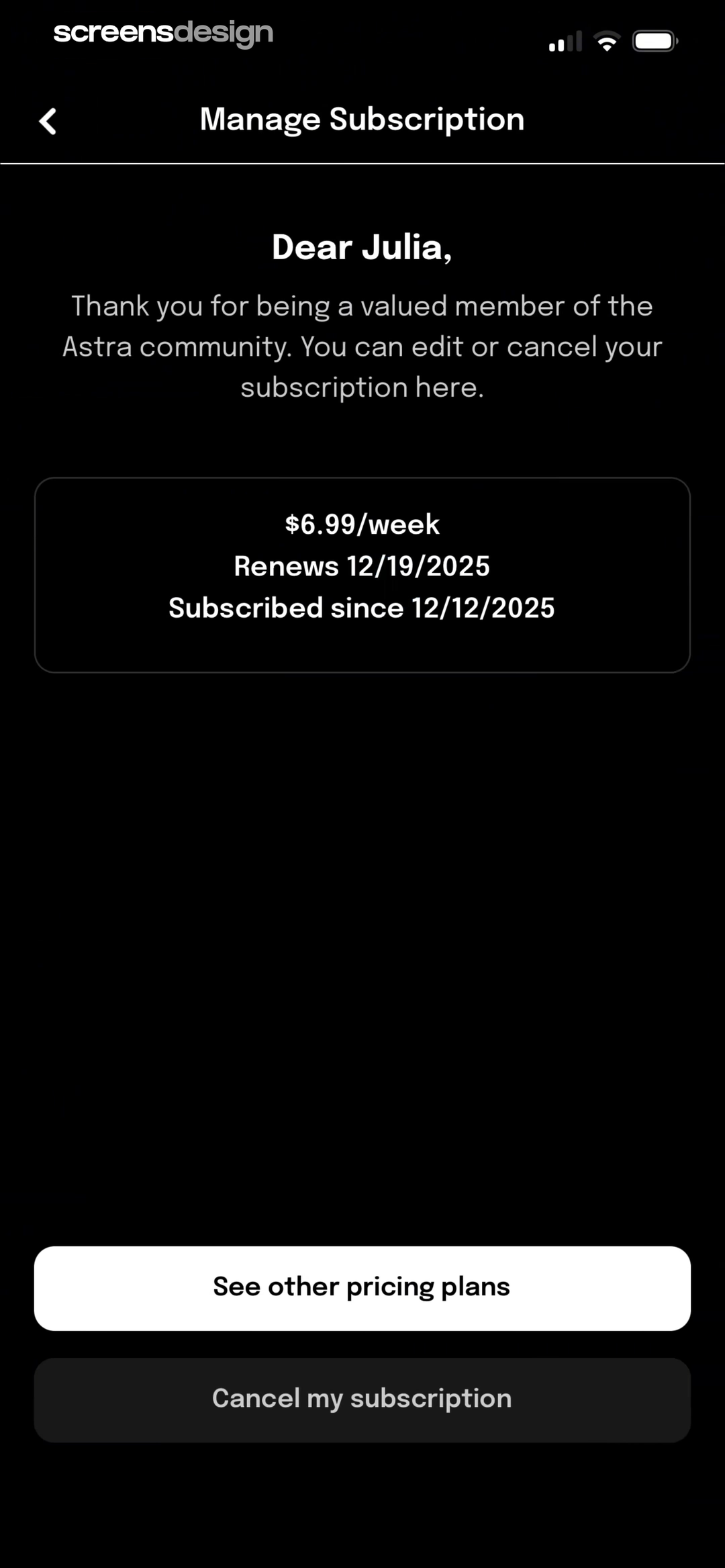 Astra screen showing the management page shows price, renewal, membership age, alternative plans, and cancellation