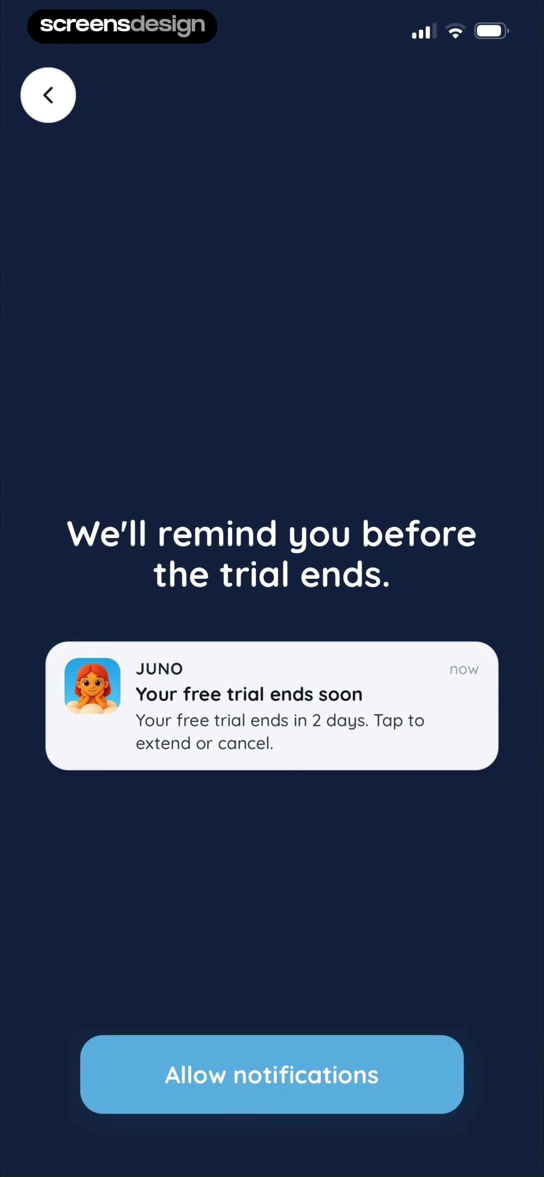 Juno screen showing the trial-ending notification preview states two days remaining and offers Allow notifications