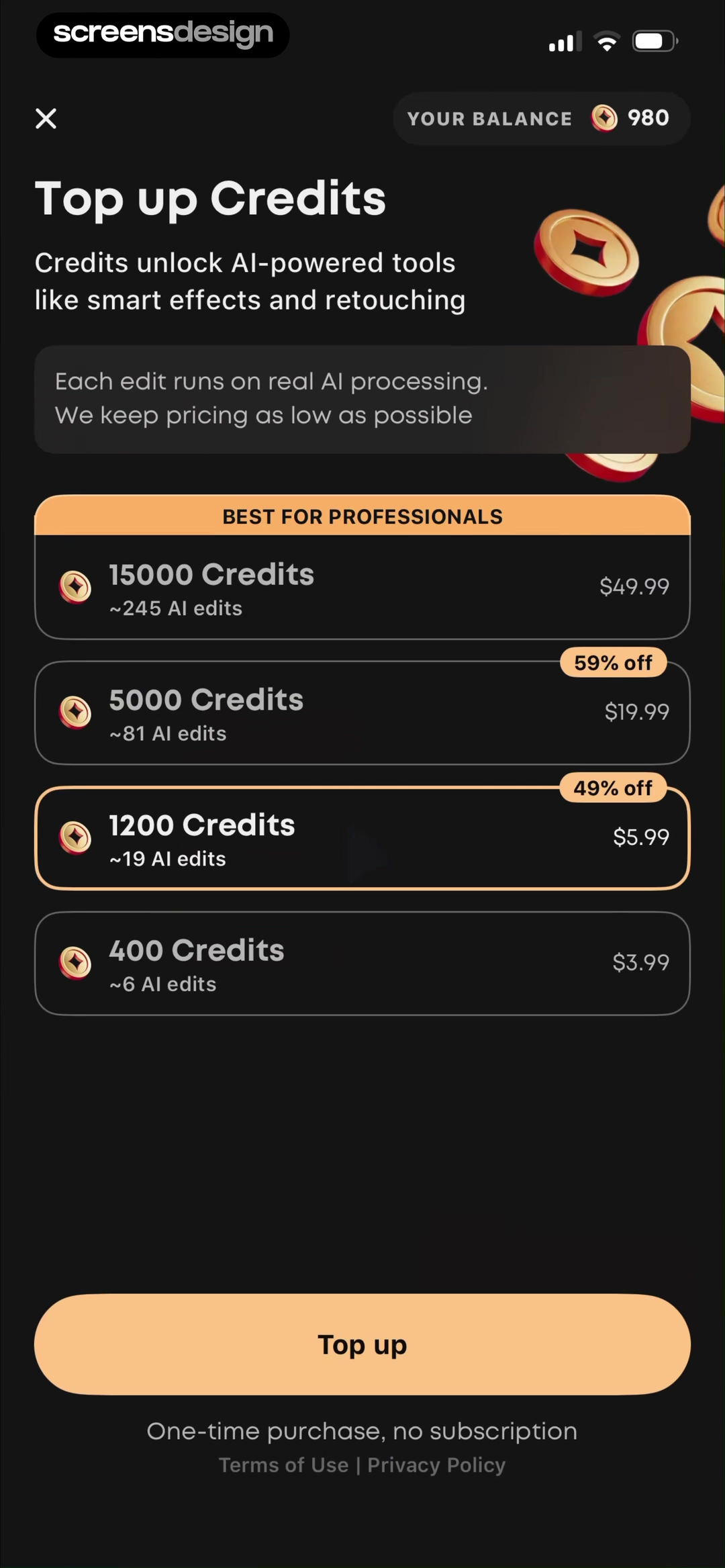 Prequel: Photo & Video Editor mobile app screen showing Top up Credits and YOUR BALANCE
