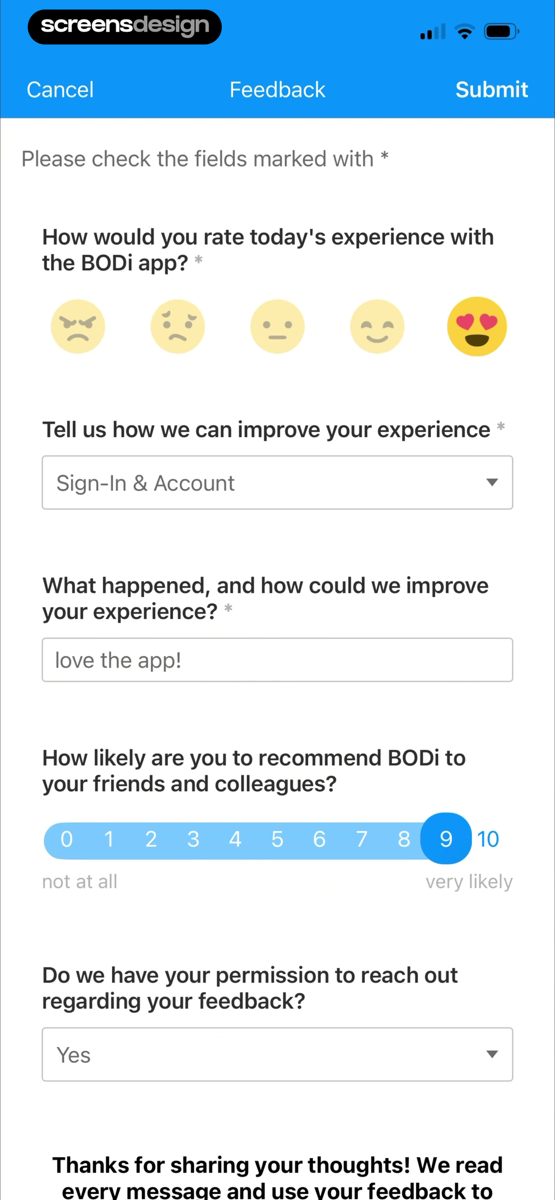 BODi Fitness: Home Workouts screen showing today's experience, an improvement category, and an open explanation field are collected before Submit.