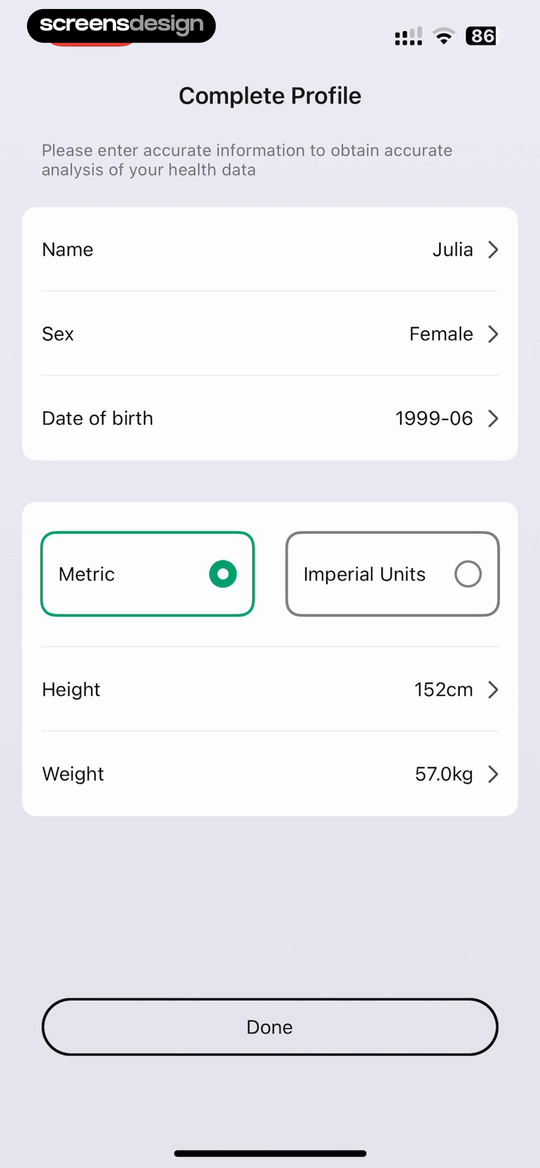 Zepp Complete Profile form grouping identity fields, unit selection, height, weight, and the Done action