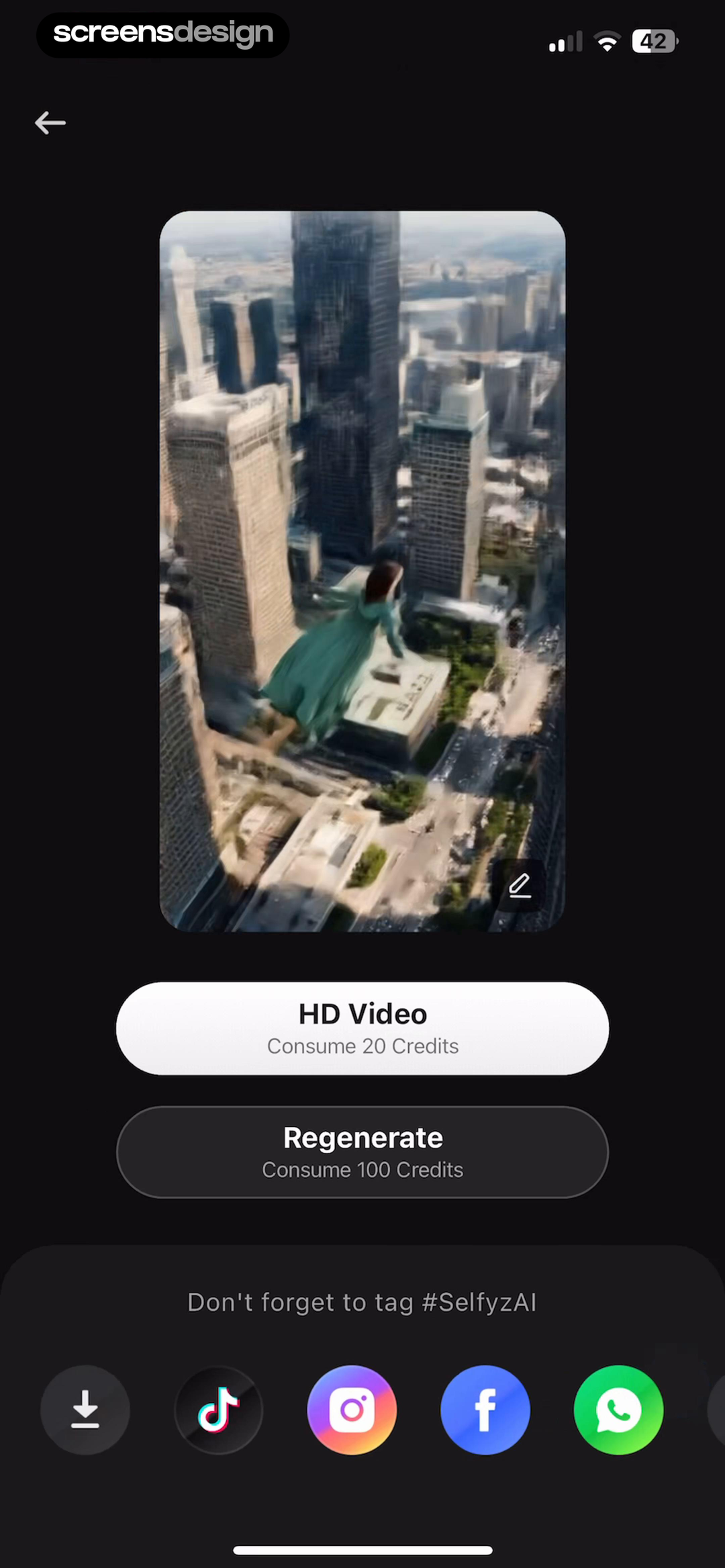 SelfyzAI generated video result with HD regenerate download and share actions