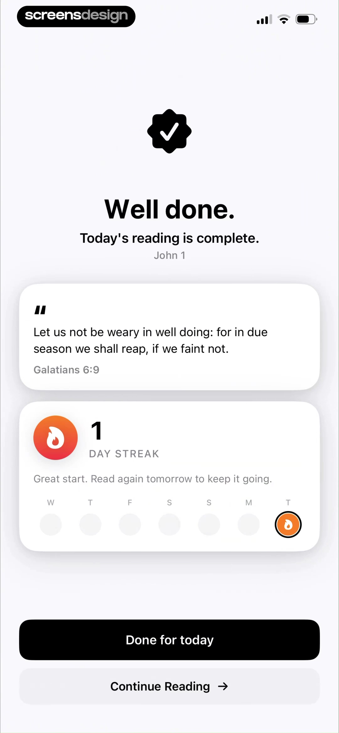 Scroll The Bible daily reading completion screen