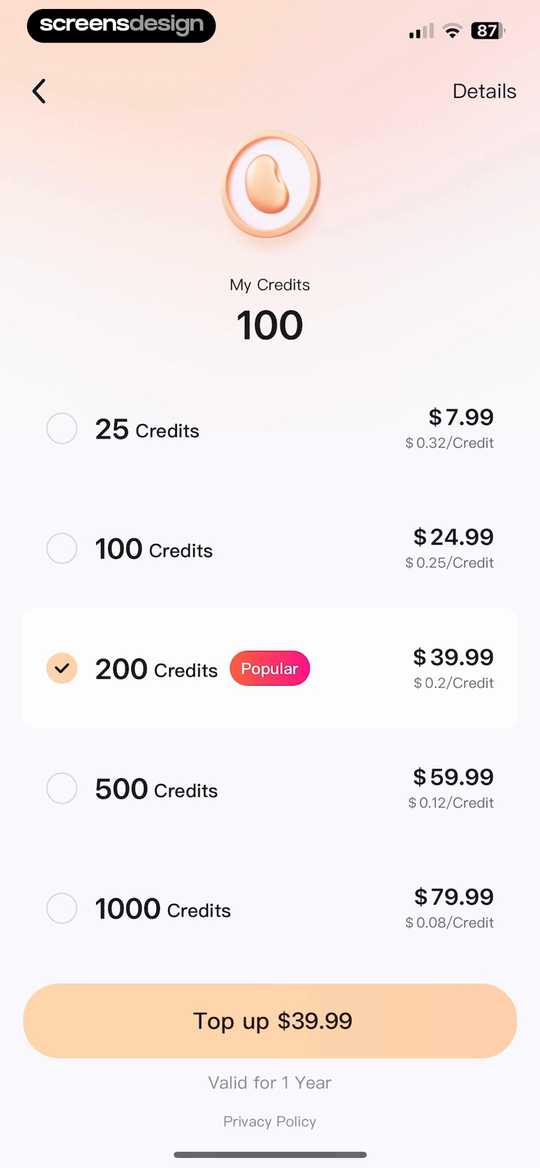Wink: Video Enhancer & Editor mobile app screen showing My Credits and 25 Credits