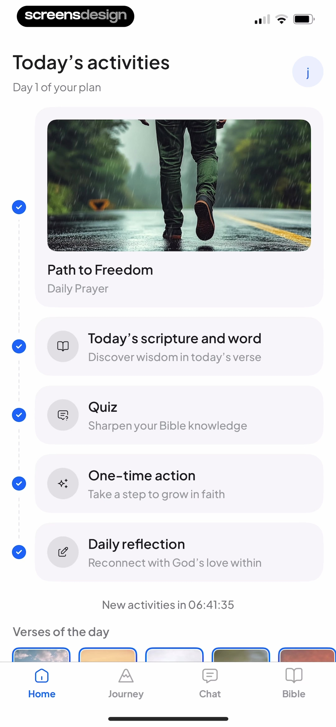 Duomo daily activities dashboard with a connected spiritual practice timeline