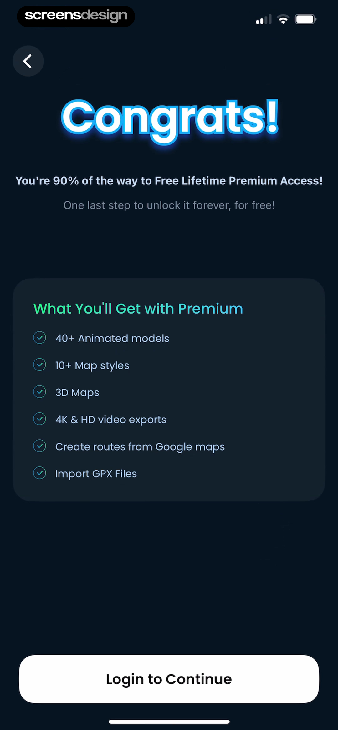 TravelAnimator screen showing a progress-based offer lists the creation tools attached to lifetime premium access