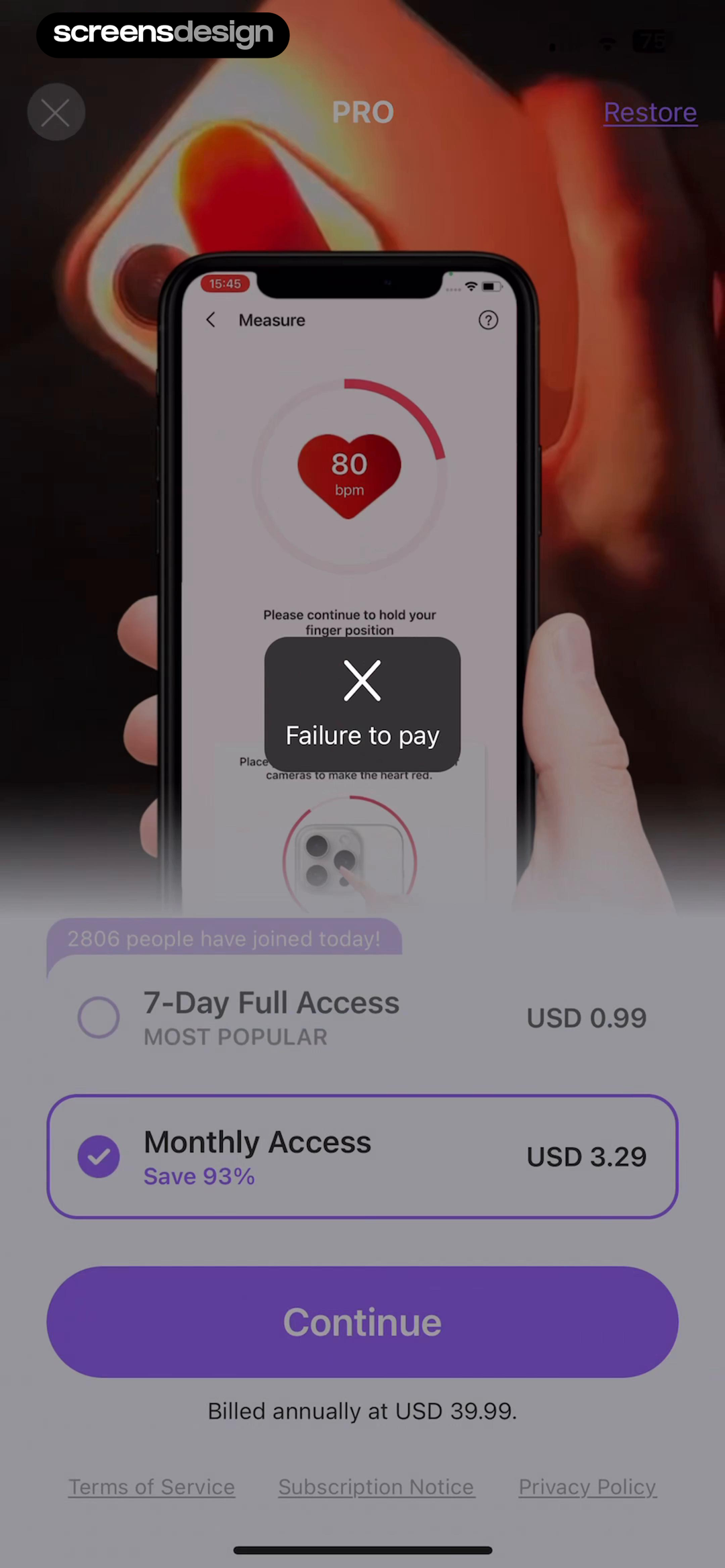 Blood Pressure: Healthy Life screen showing failure to pay appears with plan options and Restore, but the next recovery action needs stronger hierarchy.