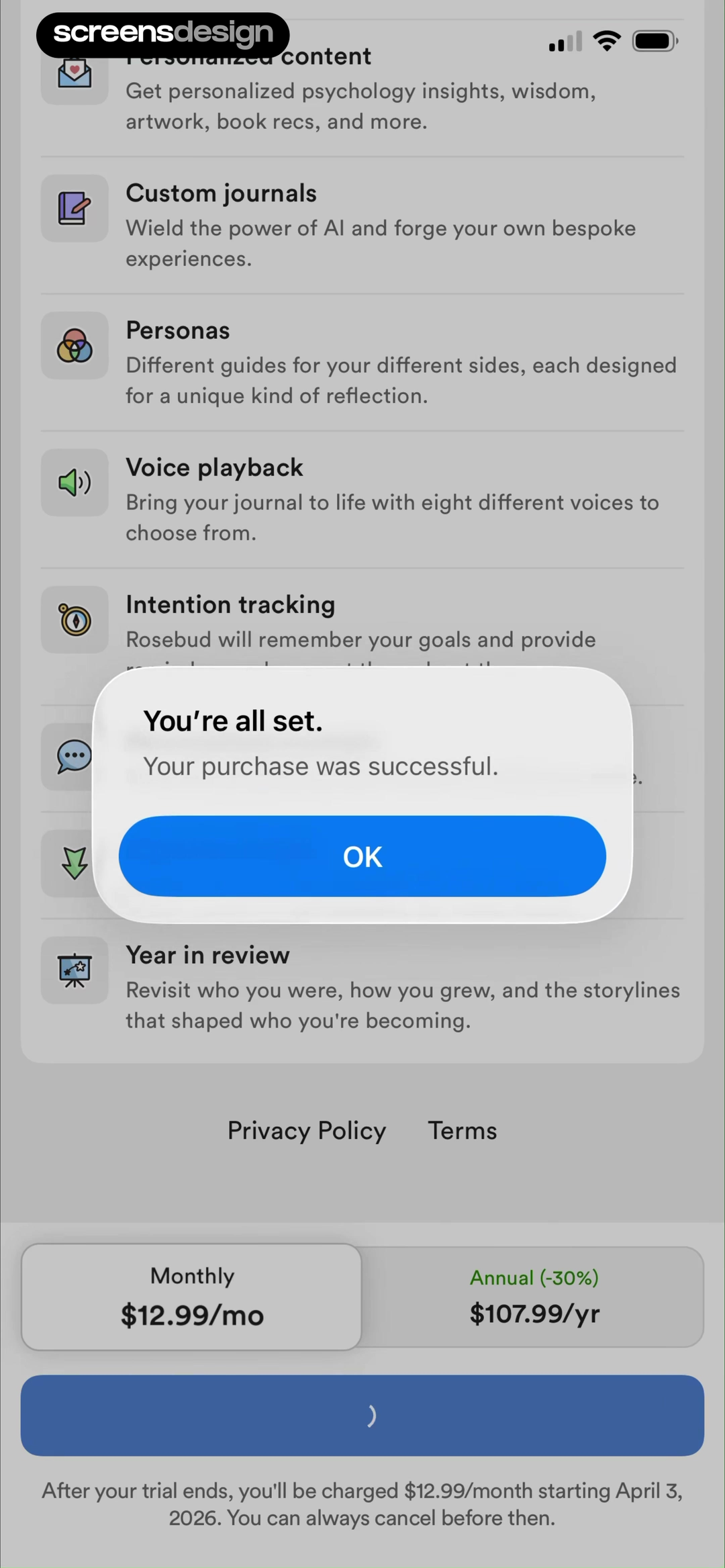 Rosebud: AI Journal & Diary mobile app screen showing Personalized content and Custom journals