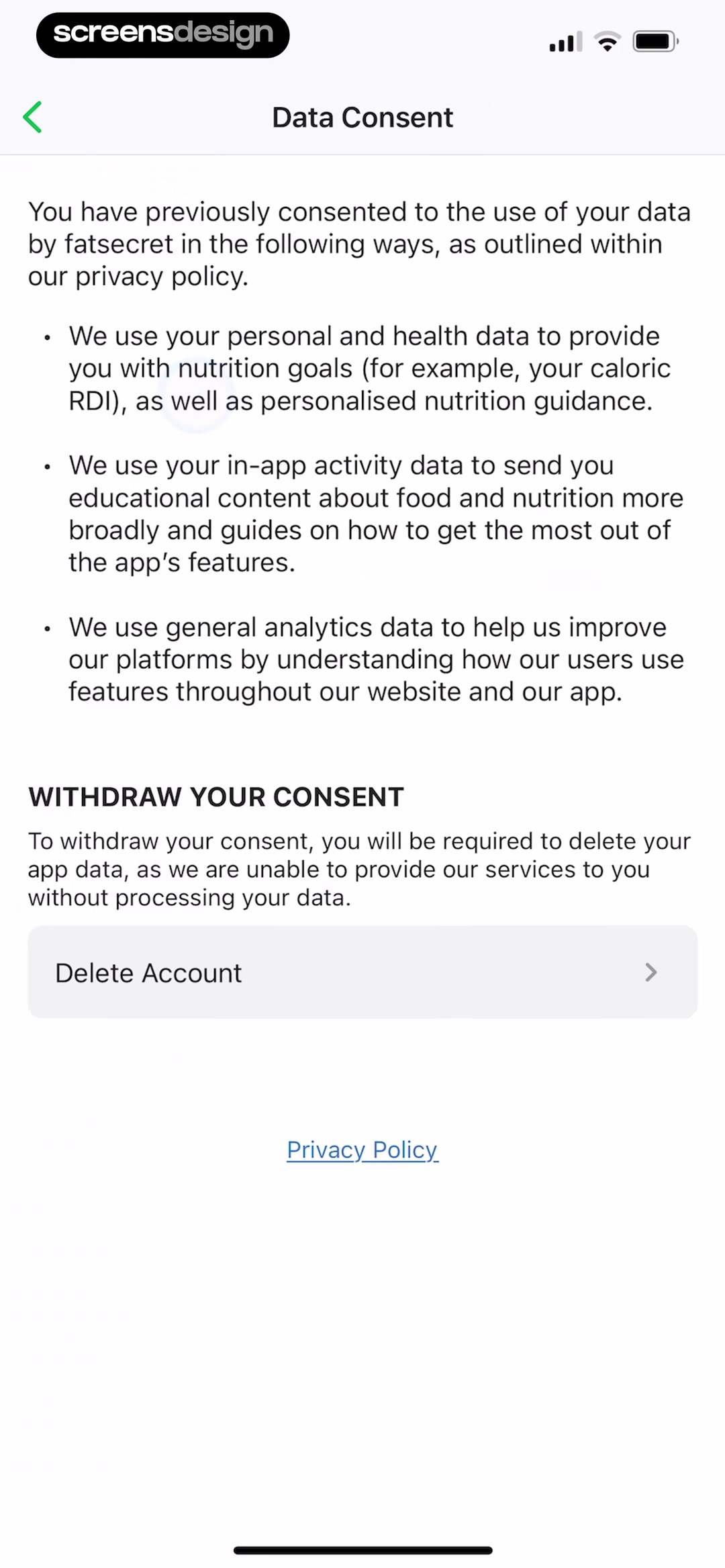 FatSecret Data Consent settings page describing health data, activity data, analytics, and withdrawal
