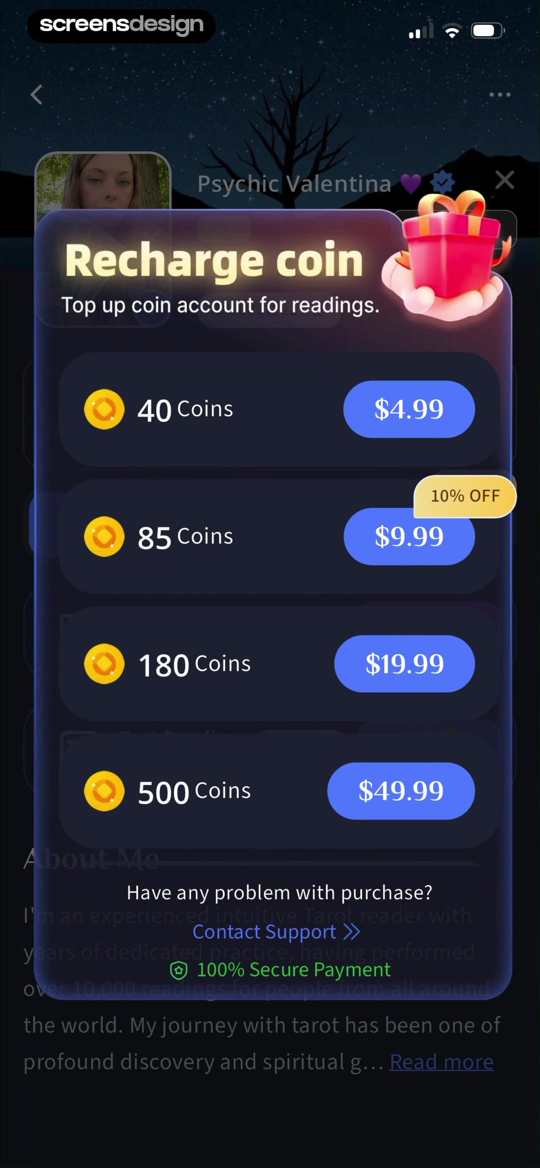 HealTalk - Text Reading mobile app screen showing Recharge coin and Top up coin account for readings