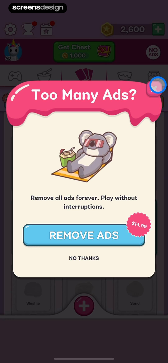 Super Slime Simulator mobile app screen showing Too Many Ads? and Remove all ads forever. Play without interruptions