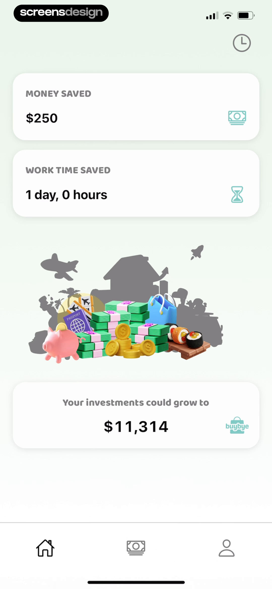 BuyBye savings dashboard with money saved work time and investment projection