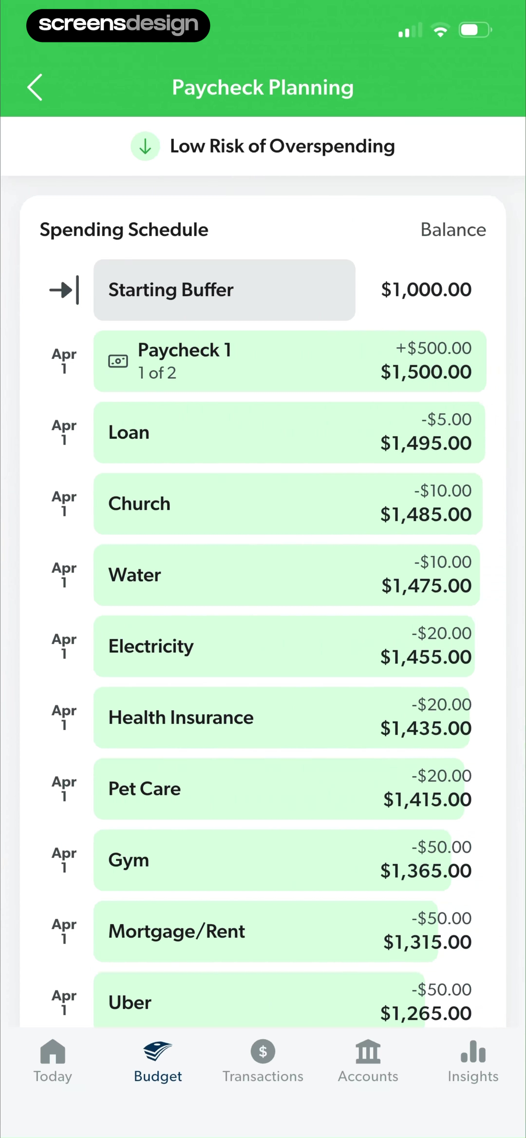 EveryDollar paycheck planning timeline with balance and income