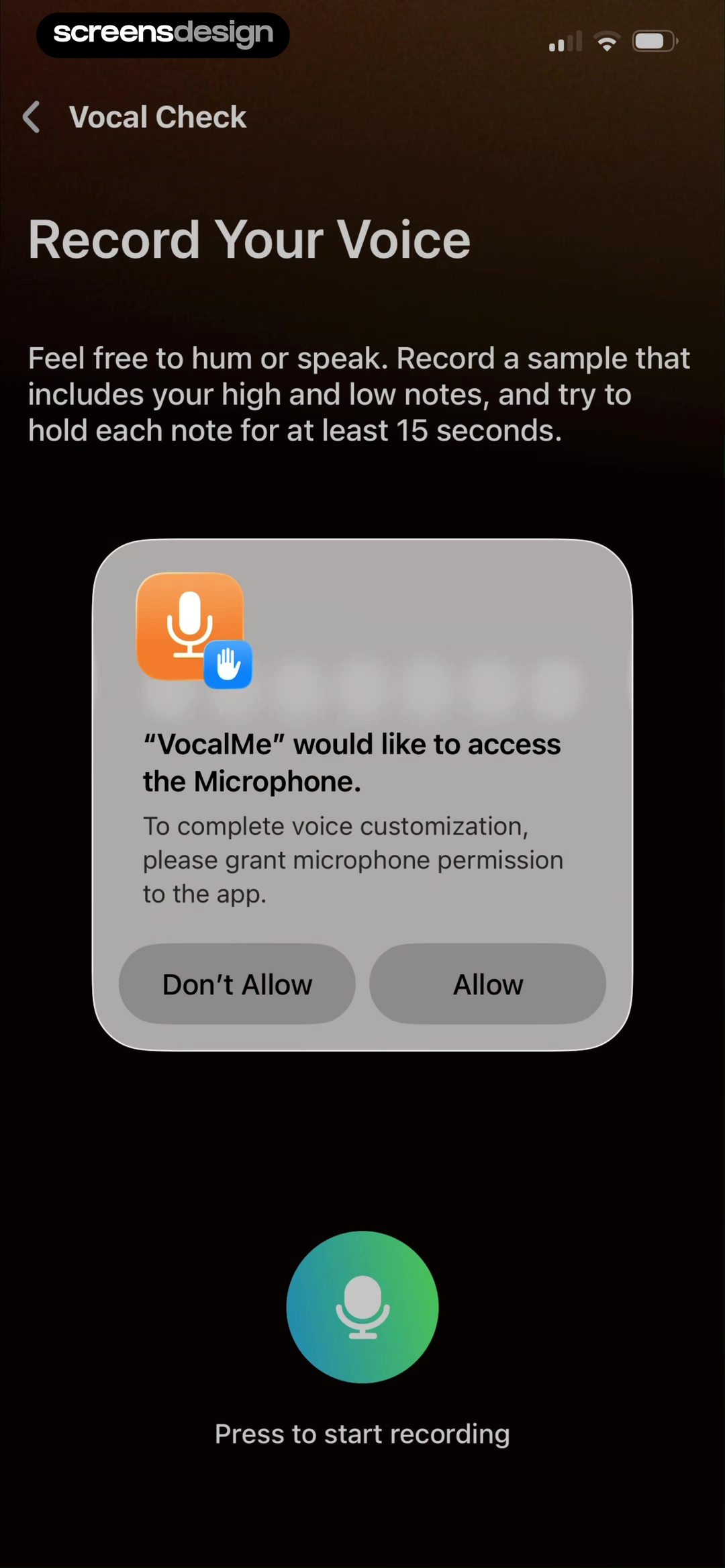 VocalMe microphone permission dialog on a voice customization recording screen