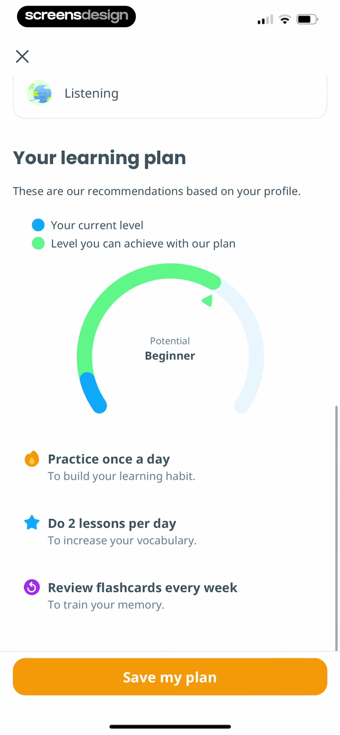 Ling personalized language learning plan with practice lessons and flashcard recommendations