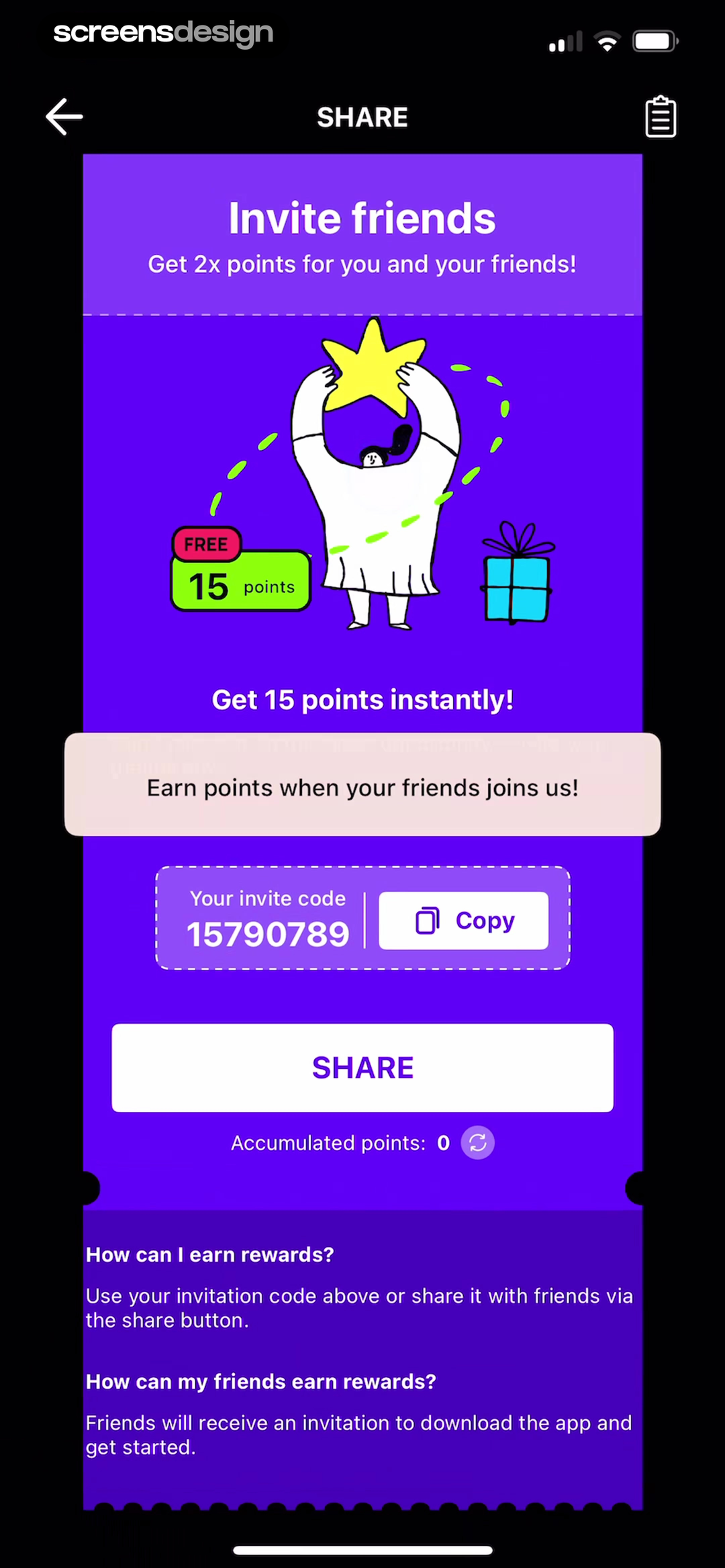 Answer.AI screen showing immediate points, friend rewards, invite code, and accumulated points are separated