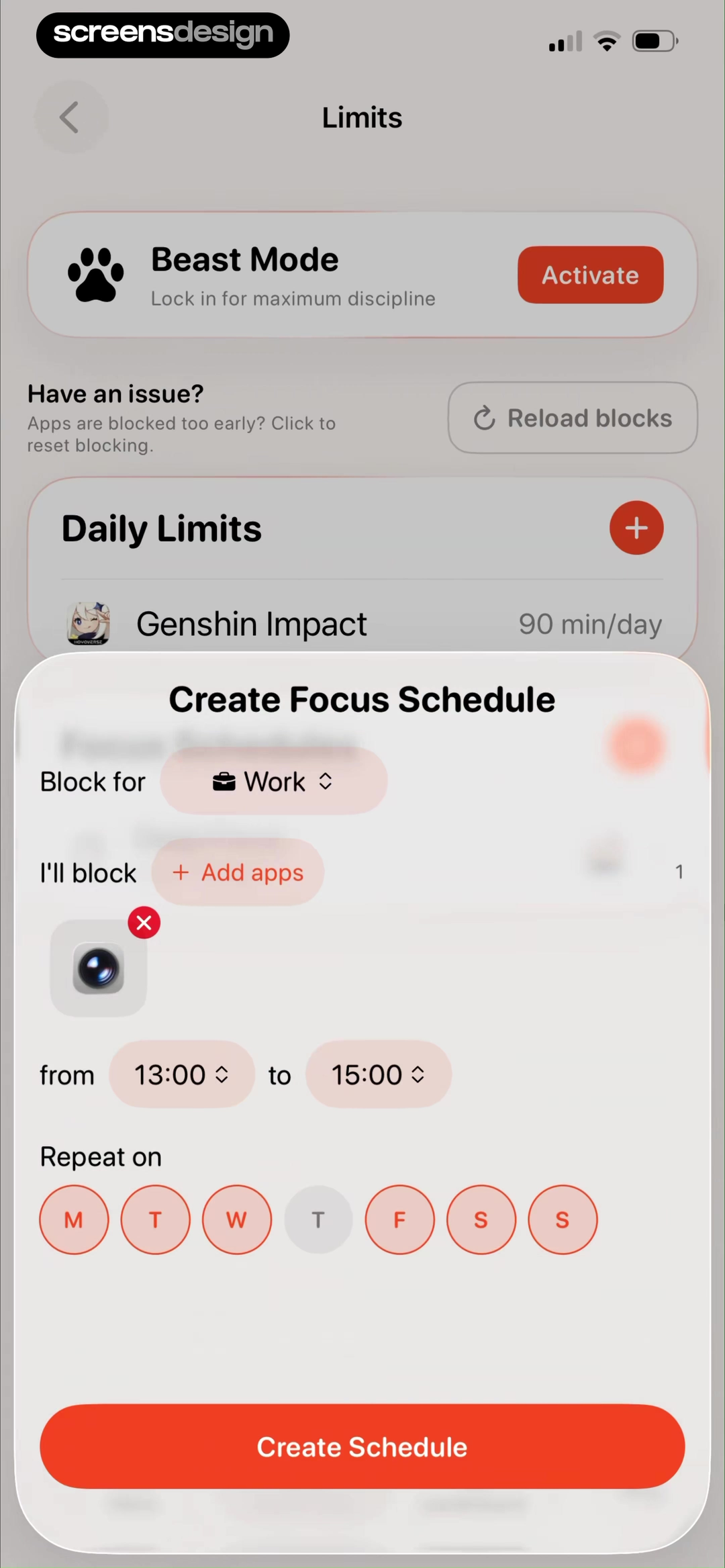 Useless daily app limits screen with Beast Mode and reload blocks