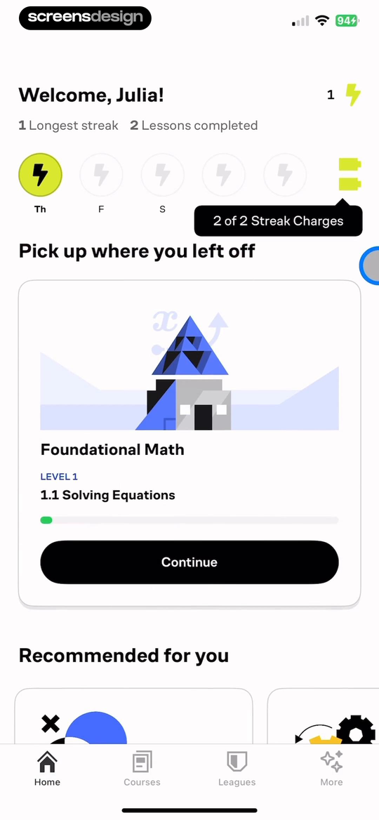 Brilliant home dashboard with a Pick up where you left off card for Foundational Math and a Continue button