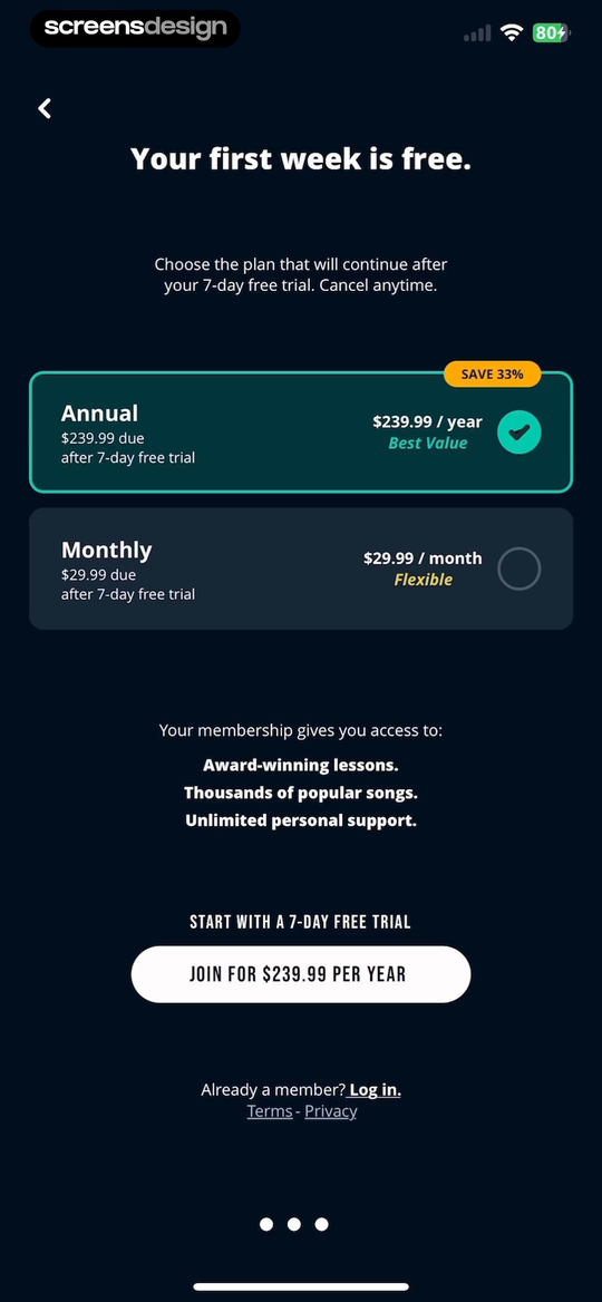 Musora subscription paywall with annual and monthly plans, free trial terms, and membership benefits