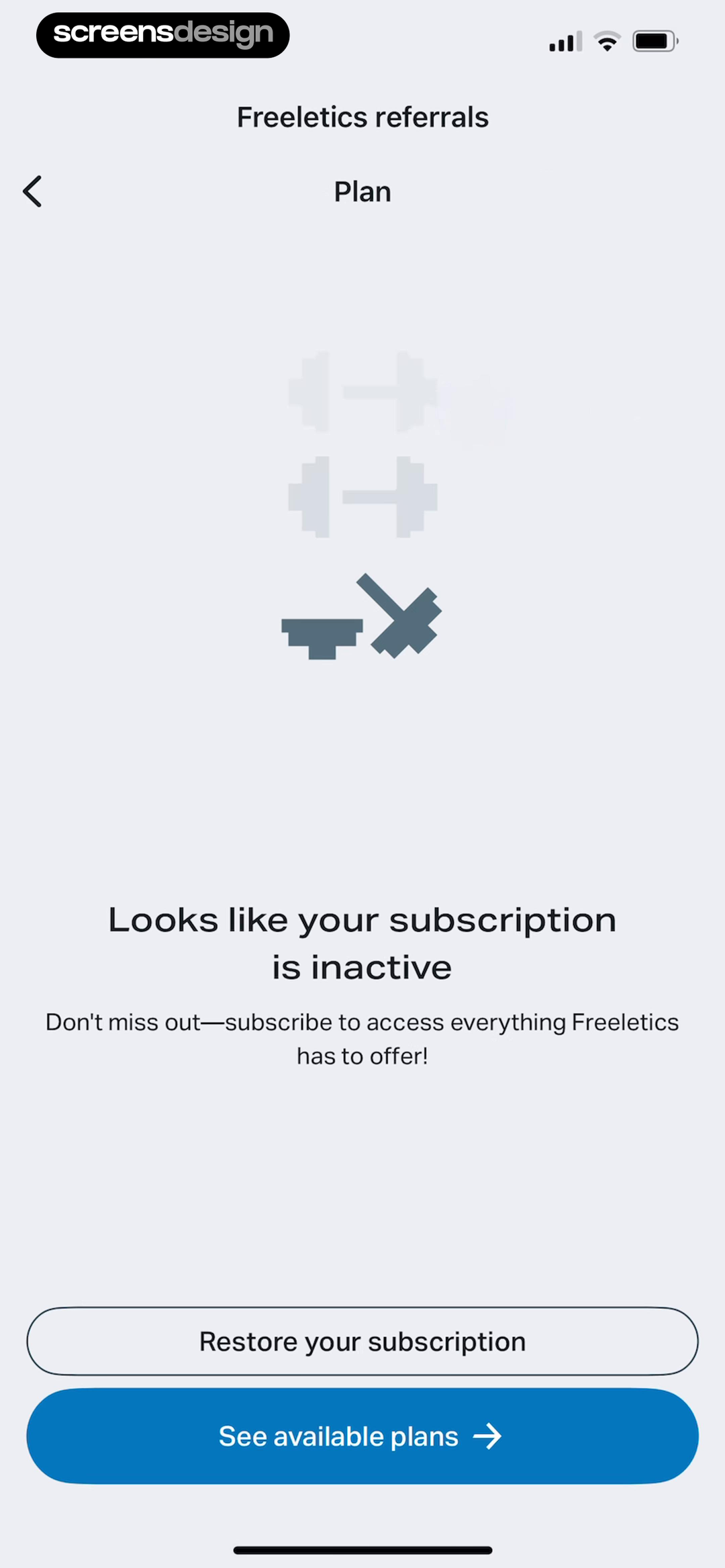 Freeletics: Workouts & Fitness mobile app screen showing Freeletics referrals and Looks like your subscription is inactive